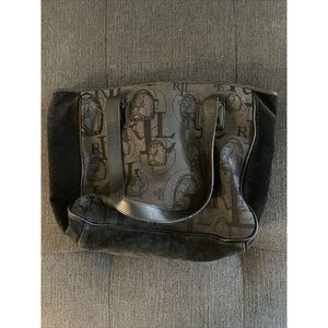 Women's Ralph Lauren Graphic Leather & Canvas Tote Designer Bag Black